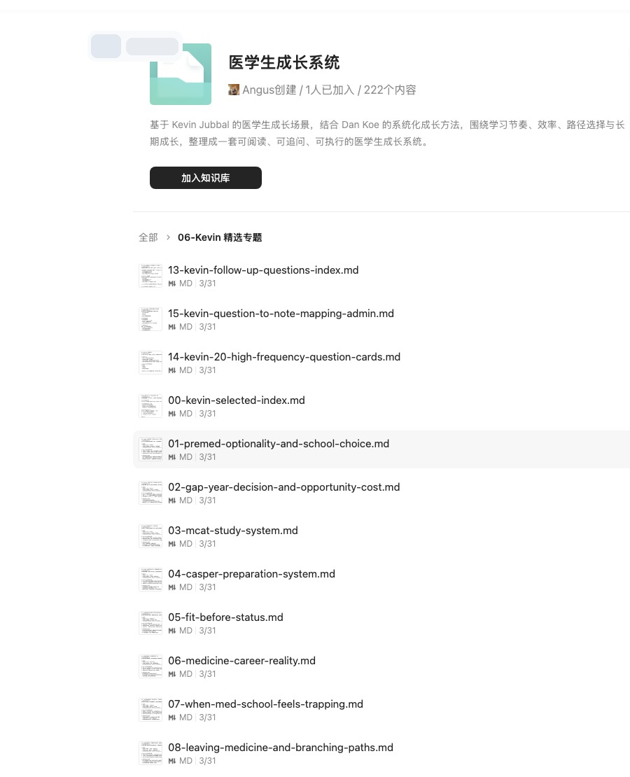 医学生成长系统在 IMA 中的 Kevin 精选专题目录